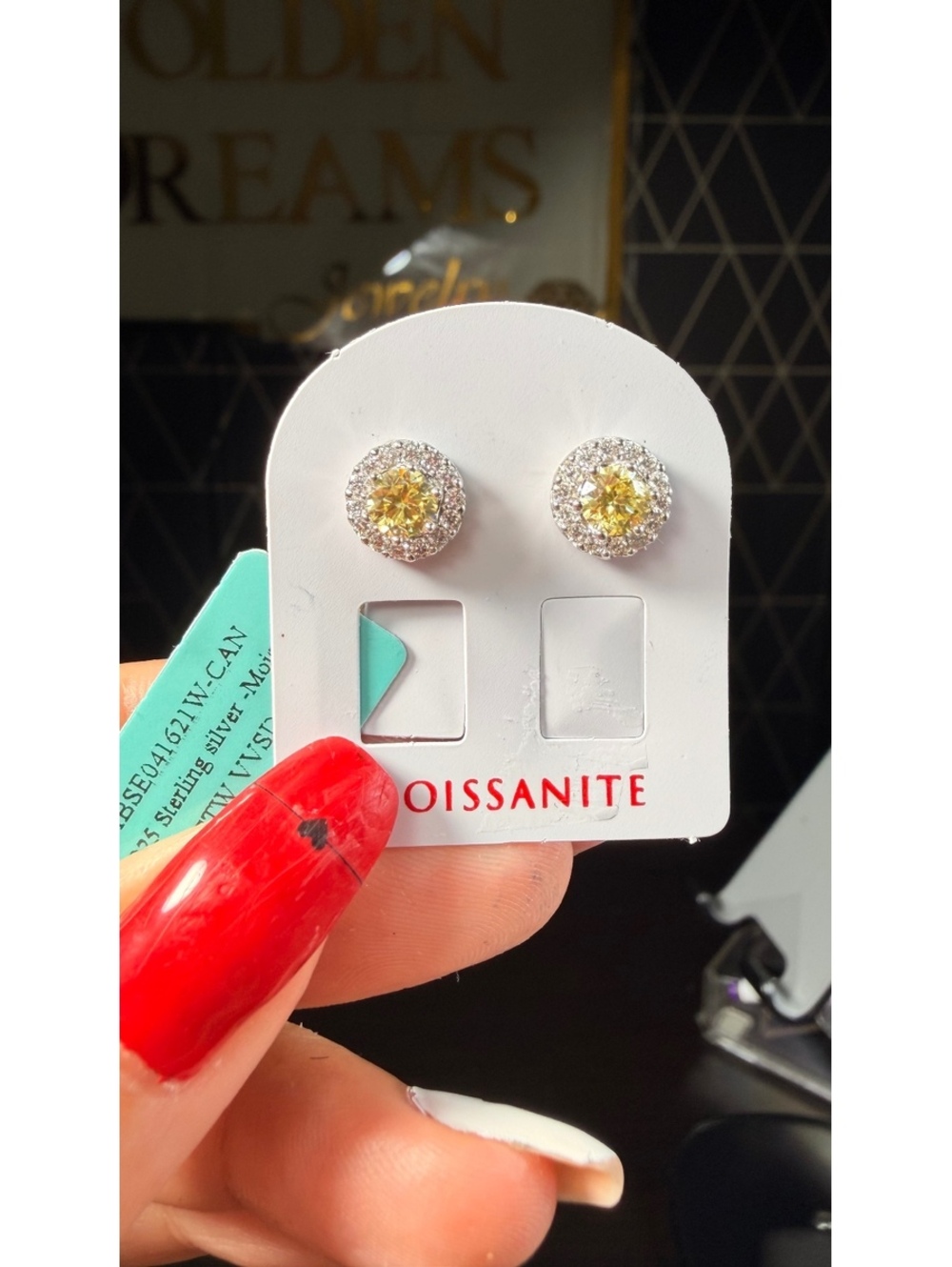 Sterling Silver Moissanite Stud Earrings Yellow Center Stones and Halo Design